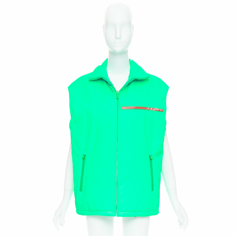 PRADA 2018 Linea Rossa Primaloft neon green nylon red logo puffer vest S-9