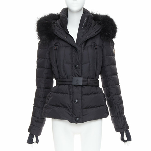 MONCLER Grenoble Beverley Giubbotto black fur belted puffer ski jacket Sz3