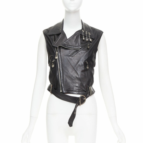 GIANNI VERSACE 1994 Vintage leather medusa safety pin biker vest IT38 XS