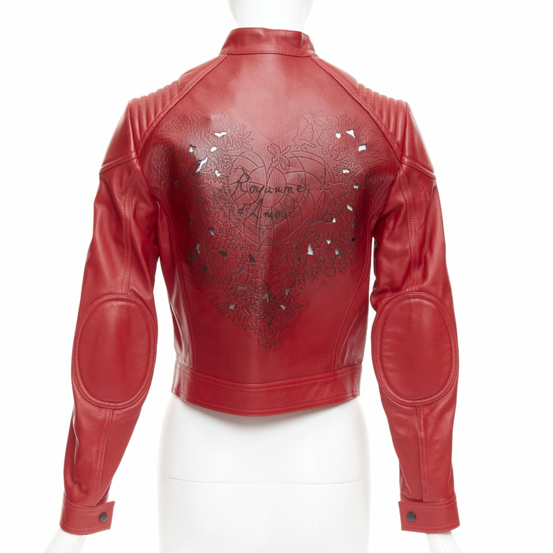 DIOR Royaume d'Amour red leather laser cut moto biker jacket FR34 XS-0
