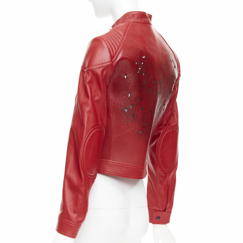 DIOR Royaume d'Amour red leather laser cut moto biker jacket FR34 XS-5