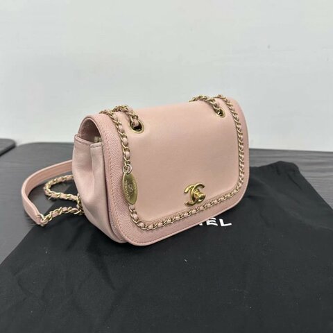 CHANEL 櫻花粉滾邊方胖子肩背包 98新 配件盒子塵袋