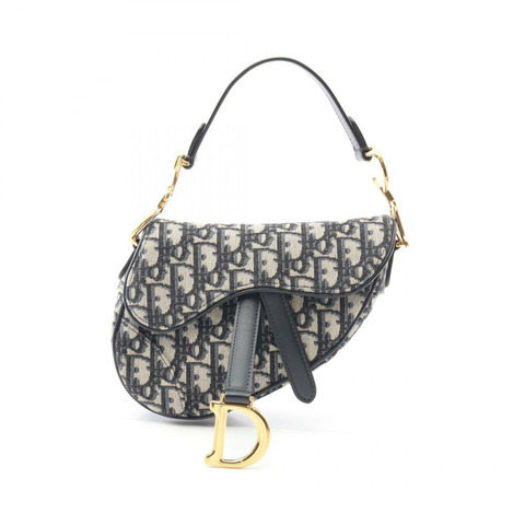Christian Dior Saddle Oblique 提花手提包帆布米色海軍藍二手女士