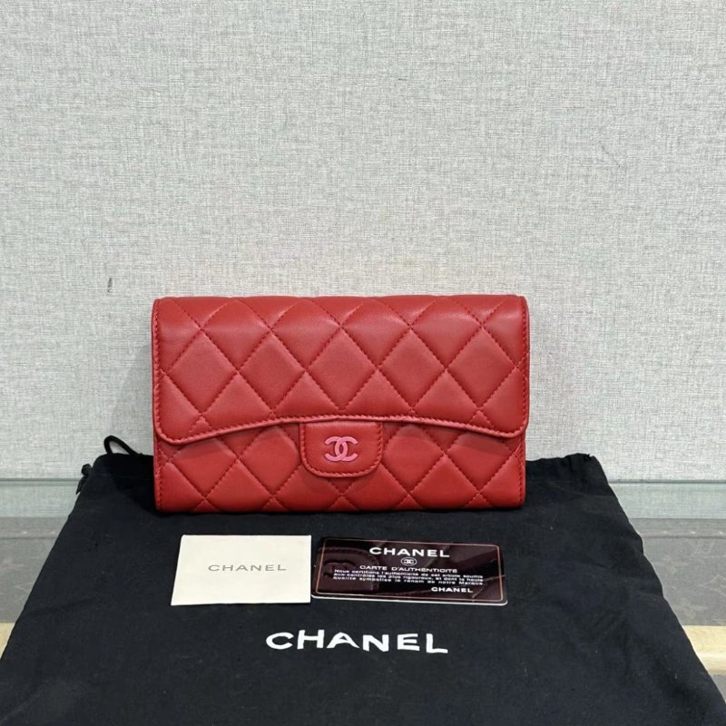 CHANEL 紅色菱格羊皮cf長夾 18*10.5*2 全新閒置配件塵袋保卡-0