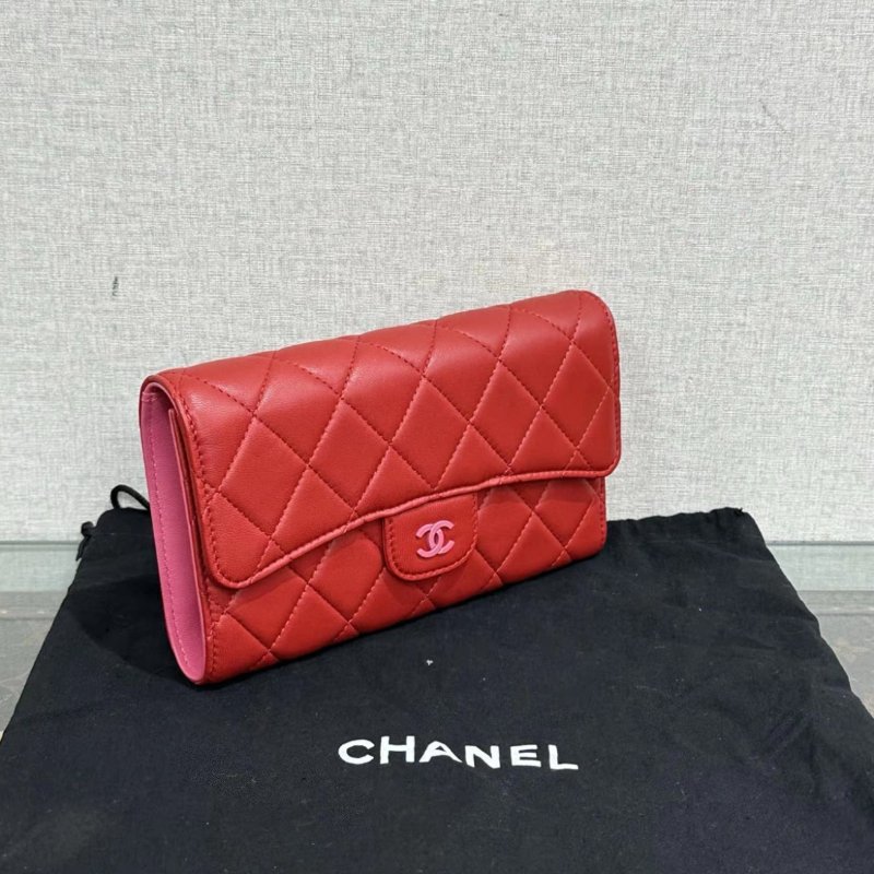 CHANEL 紅色菱格羊皮cf長夾 18*10.5*2 全新閒置配件塵袋保卡-1