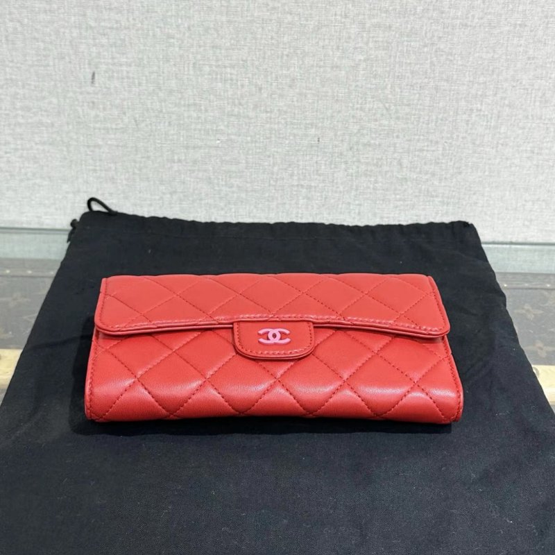 CHANEL 紅色菱格羊皮cf長夾 18*10.5*2 全新閒置配件塵袋保卡-4