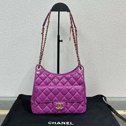 CHANEL 紫色金扣油蠟皮手提肩背包 23*22*7 98新配件塵袋