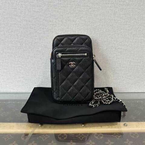 CHANEL 25C黑金菱格多卡位斜背手機包11*19*3 98新配件塵袋