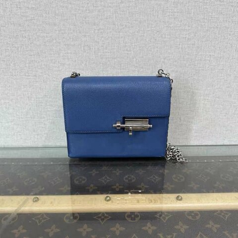 HERMES Verrou瑪瑙藍銀扣肩背斜背插銷包17*13*4 98新
