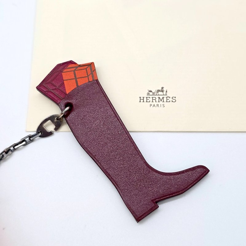 HERMES 鑰匙圈 靴子口禮物 牛皮革 925銀-0