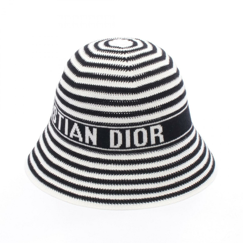 Christian Dior D-Tulipe Cloche 帽子，滌棉混紡，黑白配色，二手女款 #S-0