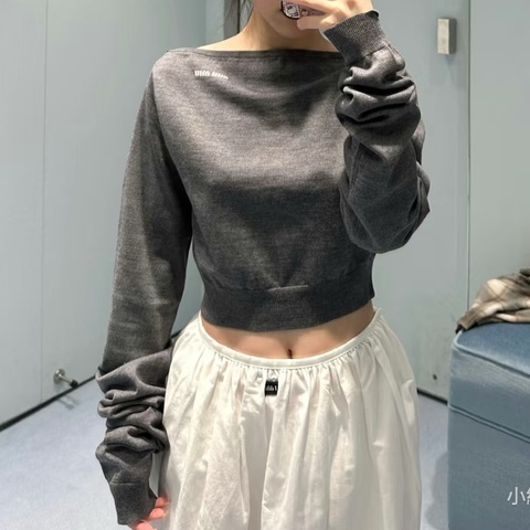Miu Miu 短板一字領針織上衣 灰40號