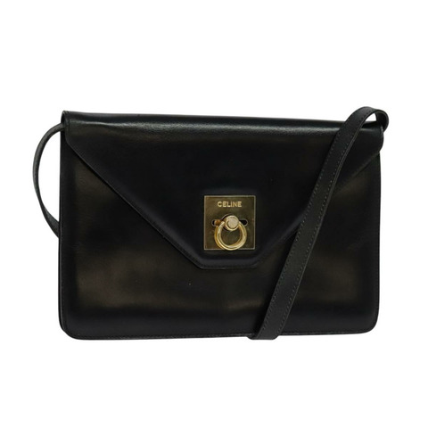 CELINE 肩背包 皮革 黑金 正品 127909