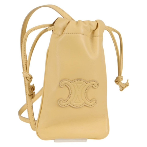 CELINE Cuir Triomphe 抽繩手機袋 皮革 黃色 正品 130196M