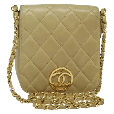 香奈兒 (CHANEL) 絎縫鏈條單肩包 小羊皮 米色金色 CC 正品 BA3639
