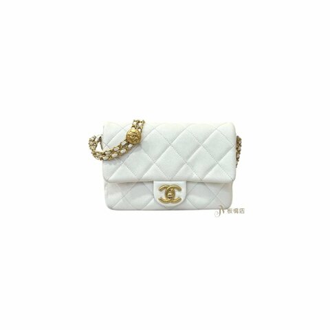 CHANEL 包包 白色金釦荔枝皮金幣方胖口蓋包