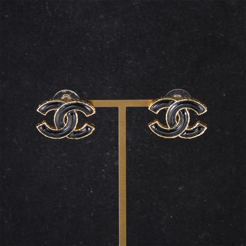 CHANEL(香奈兒) 合金 23K 黑色琺瑯熔岩雙C耳環耳釘-0