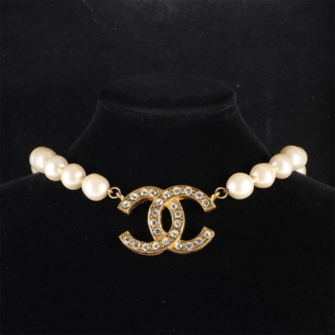 CHANEL(香奈兒) 合金 樹脂 雙C 大LOGO雙面鑲鑽珍珠項鏈