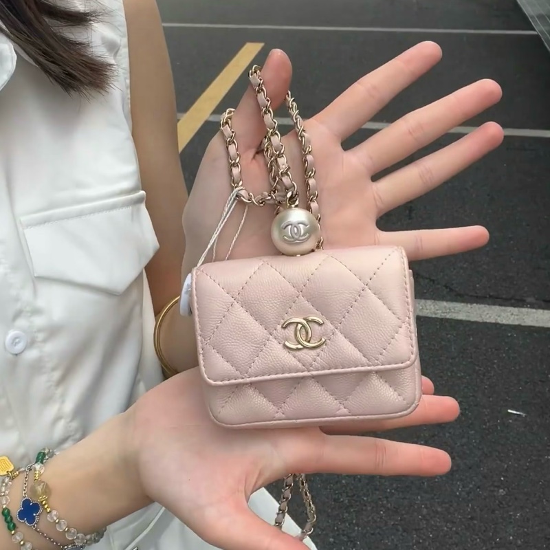 極新限量售出😍Chanel裸色珍珠荔枝牛皮菱格紋小卡包鏈條包-0