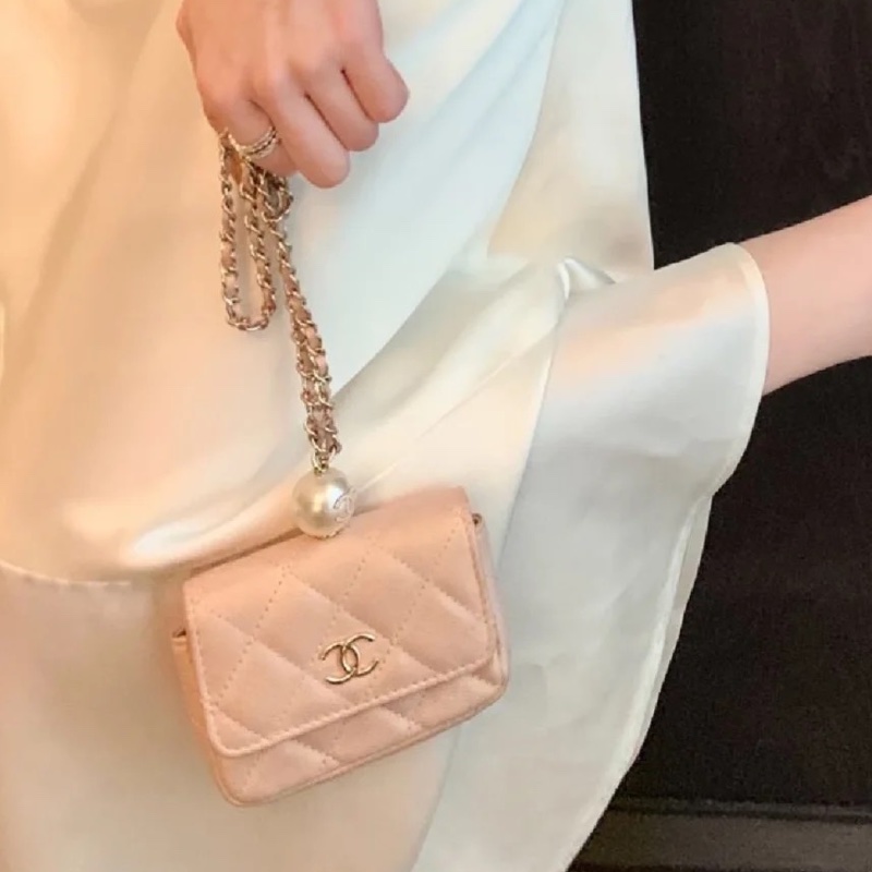 極新限量售出😍Chanel裸色珍珠荔枝牛皮菱格紋小卡包鏈條包-1
