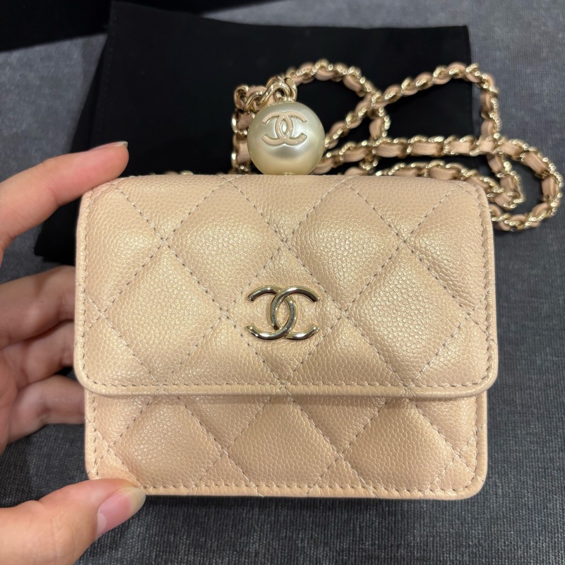 極新限量售出😍Chanel裸色珍珠荔枝牛皮菱格紋小卡包鏈條包-3
