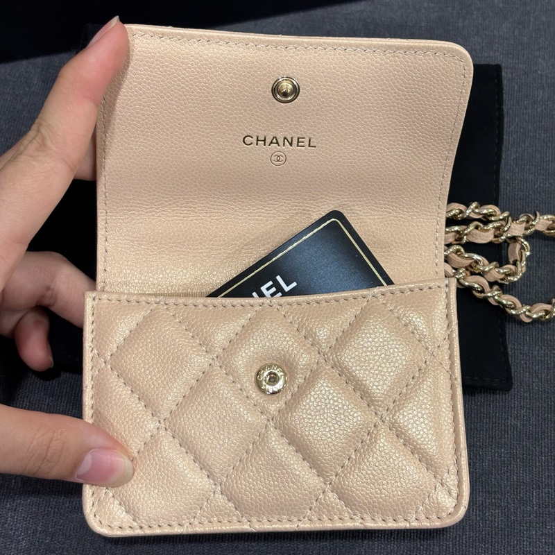 極新限量售出😍Chanel裸色珍珠荔枝牛皮菱格紋小卡包鏈條包-10