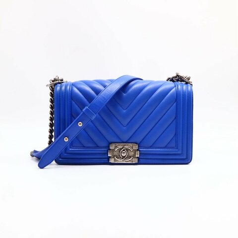 CHANEL Boy25 V紋口蓋包 - 寶藍銀22開