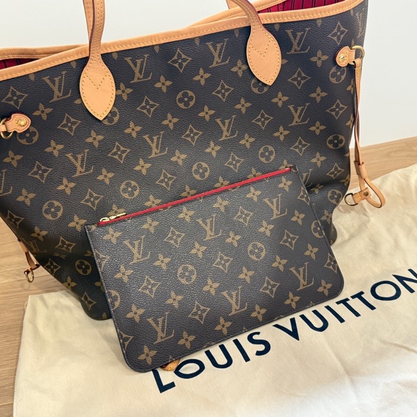 LV M46987 NEVERFULL MM 老花內櫻桃紅色中款 購物包(附小包)-0