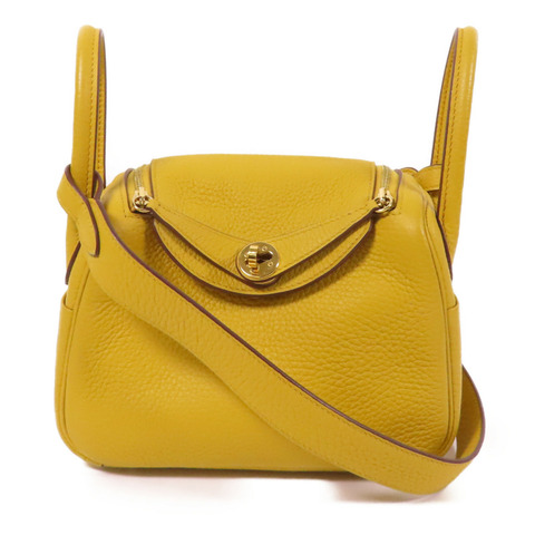 HERMES Clemence皮革Mini Lindy金扣手挽肩背兩用袋Jaune Amber