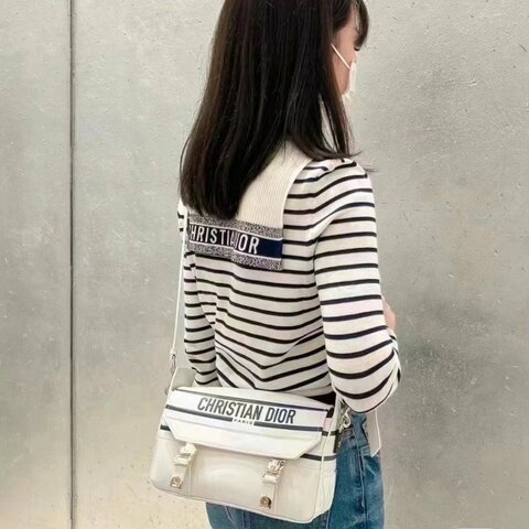 ✨DIOR 白色海軍條紋小號郵差肩背斜背包 24*16*8 98新 配件塵袋