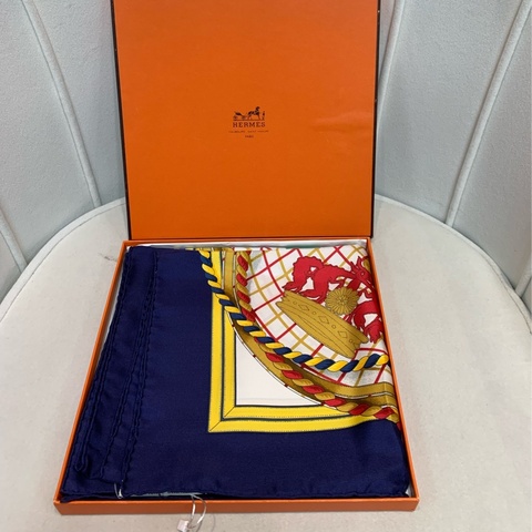 Hermes 國王的盟約絲巾 藍、黃色 90*90 XB293
