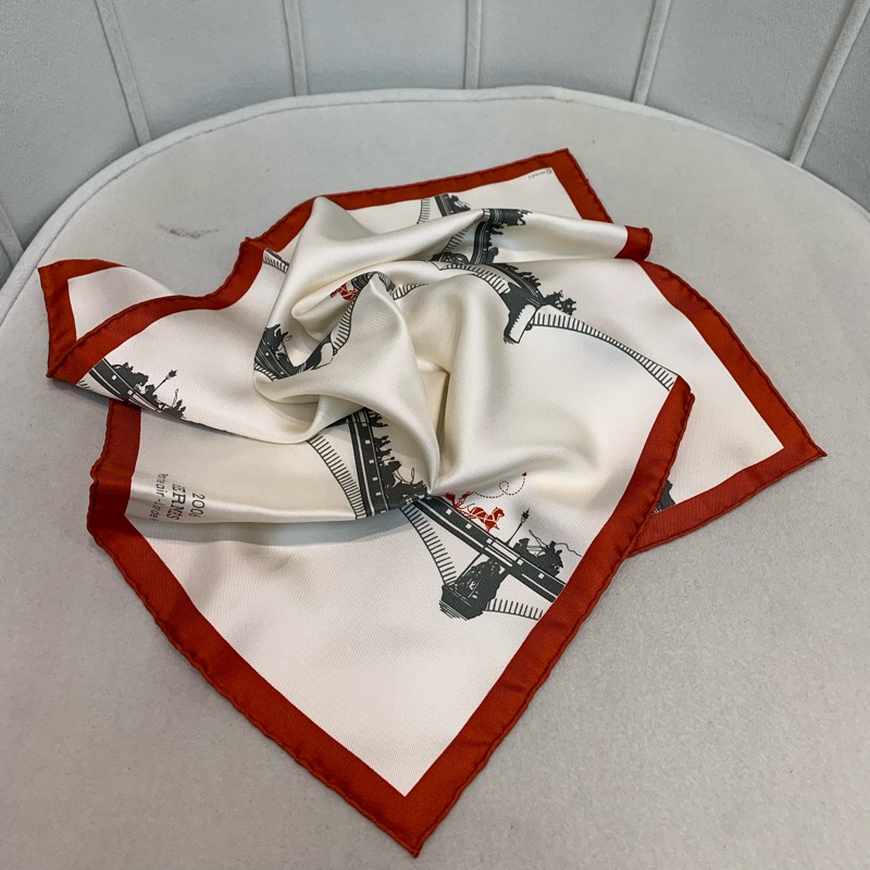 Hermes 愛馬仕大橋限定版 珍珠色紅邊絲巾 45*45 XB266-4