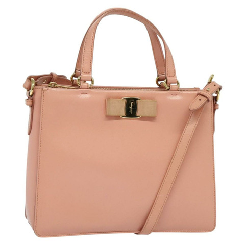 Salvatore Ferragamo Vala 手提包 皮革 2 用 粉紅金 正品 130110