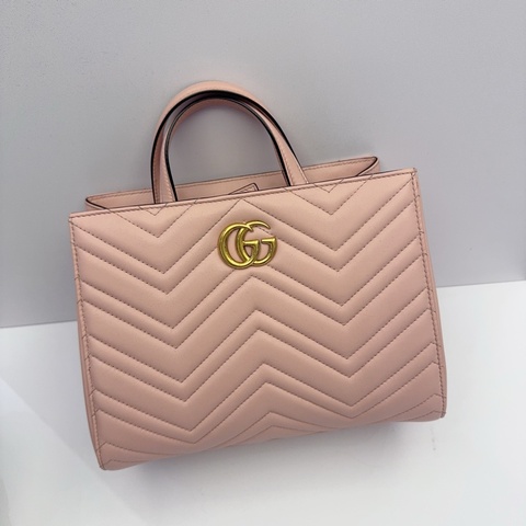Gucci 粉色牛皮金釦馬夢托特斜背包