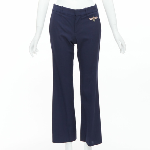 GUCCI Alessandro Michele 2017 navy bee embroidered flared pants IT38 XS
