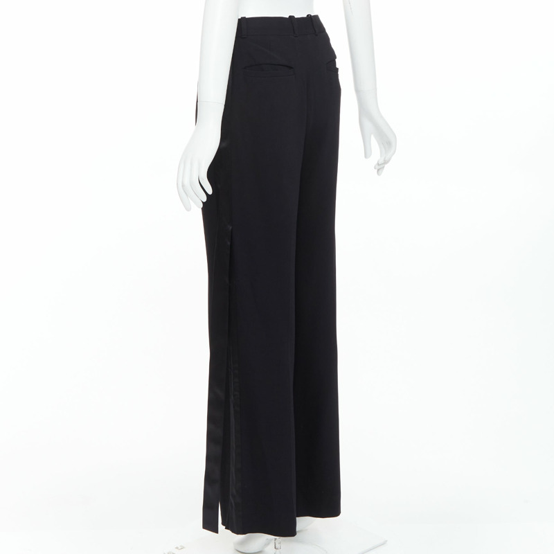 GIVENCHY black silk ribbon fringe trim wide leg trousers-5
