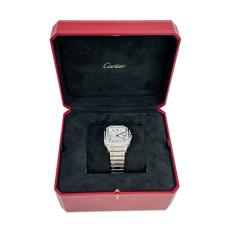 Cartier 卡地亞 精鋼鑲鑽藍指針Santos De 中型款自動上鏈機械腕錶-0