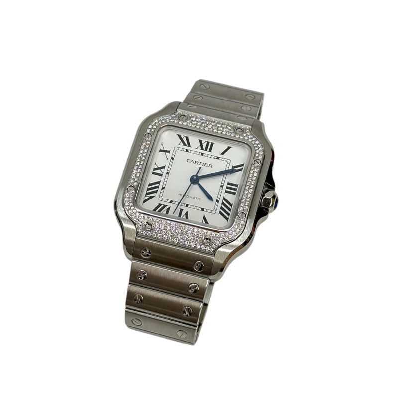 Cartier 卡地亞 精鋼鑲鑽藍指針Santos De 中型款自動上鏈機械腕錶-1