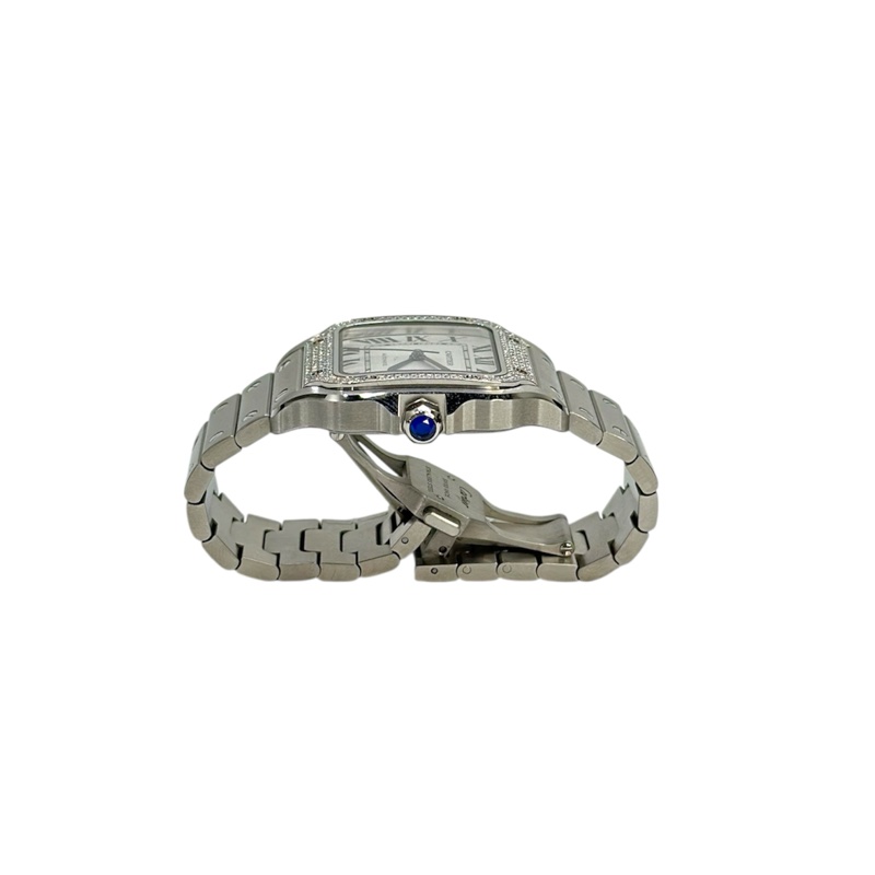 Cartier 卡地亞 精鋼鑲鑽藍指針Santos De 中型款自動上鏈機械腕錶-2