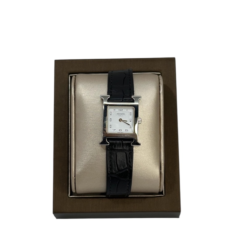 Hermes 銀Heure H 黑色鱷魚錶帶石英腕錶 HH1.201-0