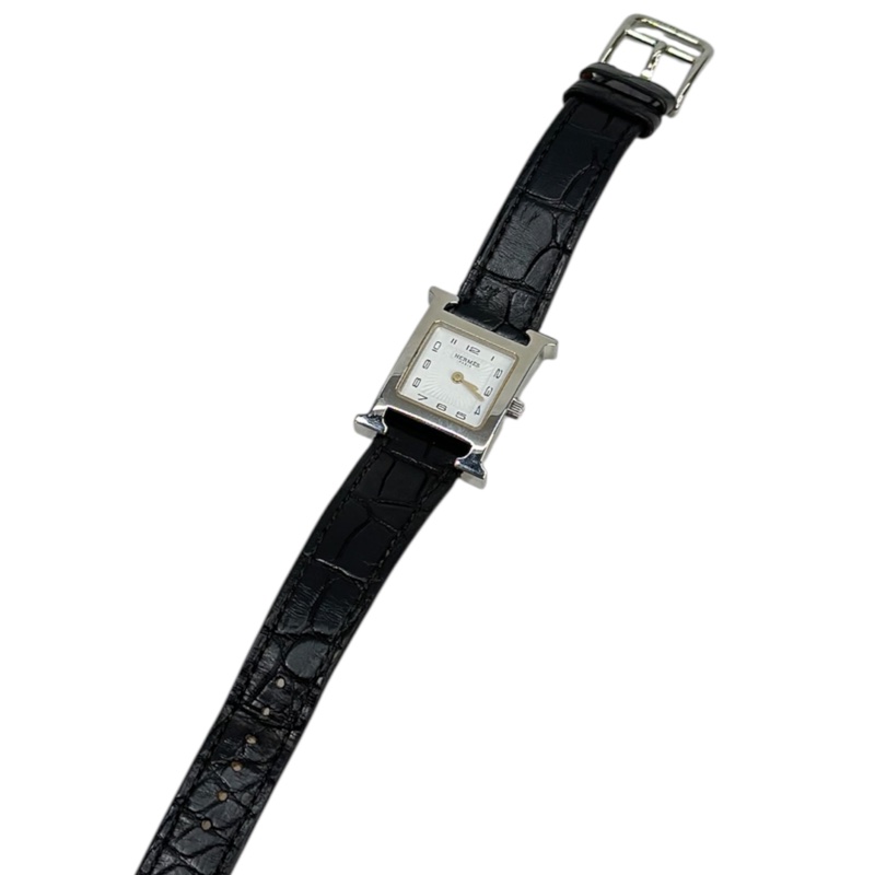 Hermes 銀Heure H 黑色鱷魚錶帶石英腕錶 HH1.201-1