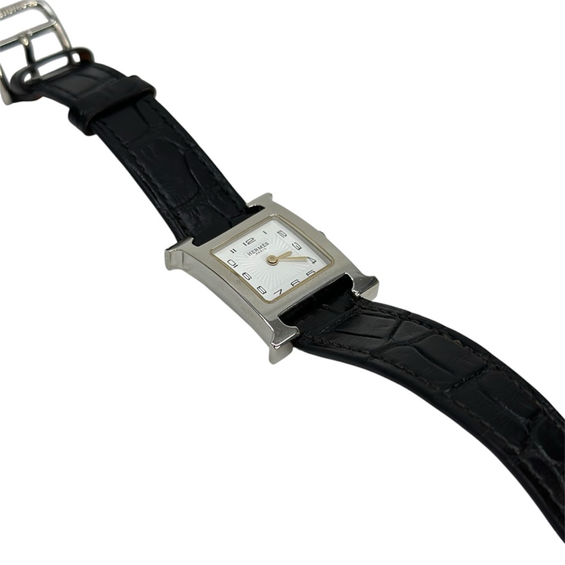 Hermes 銀Heure H 黑色鱷魚錶帶石英腕錶 HH1.201-4