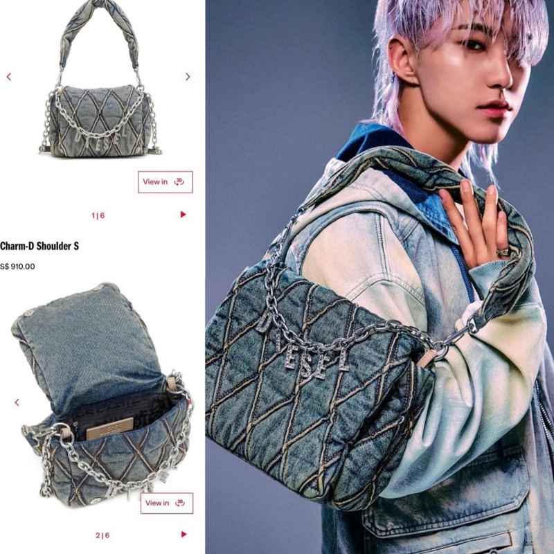 Diesel Charm-D 掛飾logo單肩包 中號 牛仔藍-1