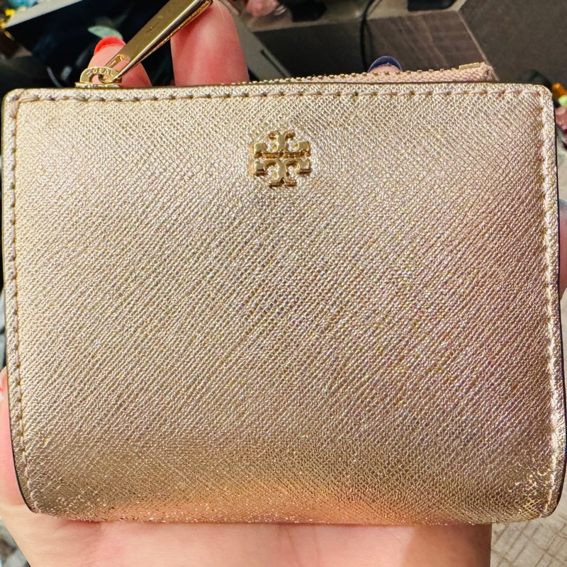 TORY BURCH 玫瑰金防刮皮短夾-5