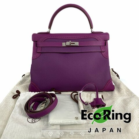 △ Hermes 愛馬仕 Anemone Togo Calfskin Kelly 32 Ghillies Palladium Metal 2 Way Bag Stamp[R] 海葵紫色粒紋小牛皮鍍鈀金屬兩用袋[R]刻 - 257014315