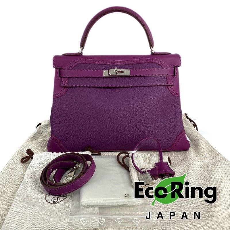 △ Hermes 愛馬仕 Anemone Togo Calfskin Kelly 32 Ghillies Palladium Metal 2 Way Bag Stamp[R] 海葵紫色粒紋小牛皮鍍鈀金屬兩用袋[R]刻 - 257014315-0