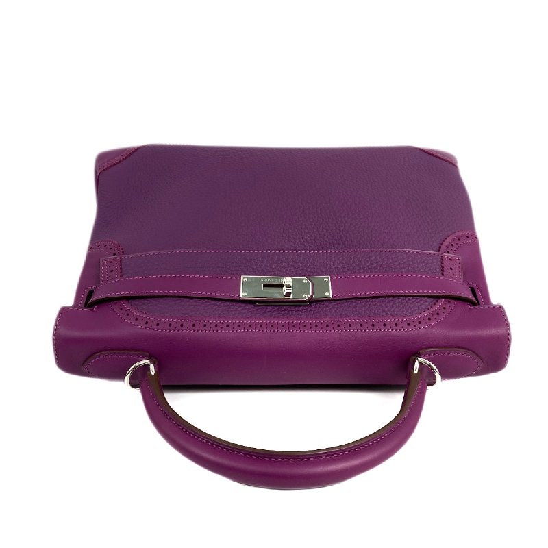 △ Hermes 愛馬仕 Anemone Togo Calfskin Kelly 32 Ghillies Palladium Metal 2 Way Bag Stamp[R] 海葵紫色粒紋小牛皮鍍鈀金屬兩用袋[R]刻 - 257014315-6