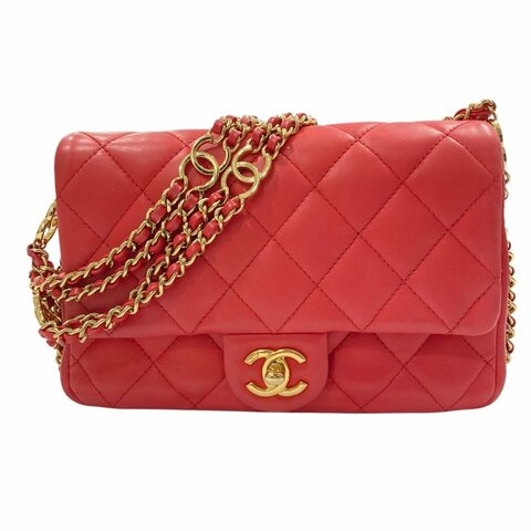 CHANEL 香奈兒 AS3757 小牛皮 肩背包 櫻桃紅色 金釦