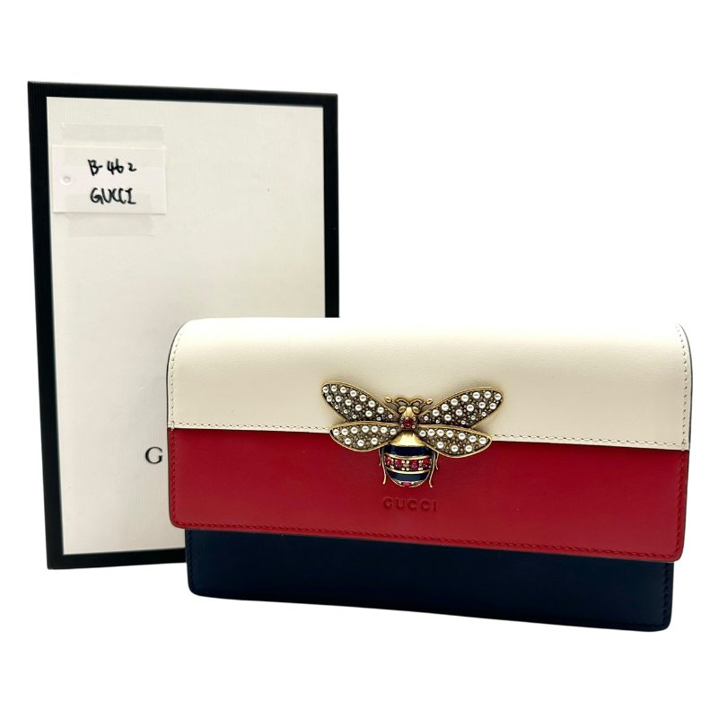 【美收精品】GUCCI 古馳白色紅色藍色Queen Margaret 蜜蜂浮雕扣式長夾 B-462【隔月月中將轉賣至日本 上架期限30天】-11