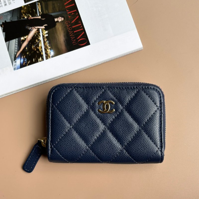 ::CHANEL::海軍藍色菱格荔枝紋牛皮淡金色雙C拉鍊零錢包-0